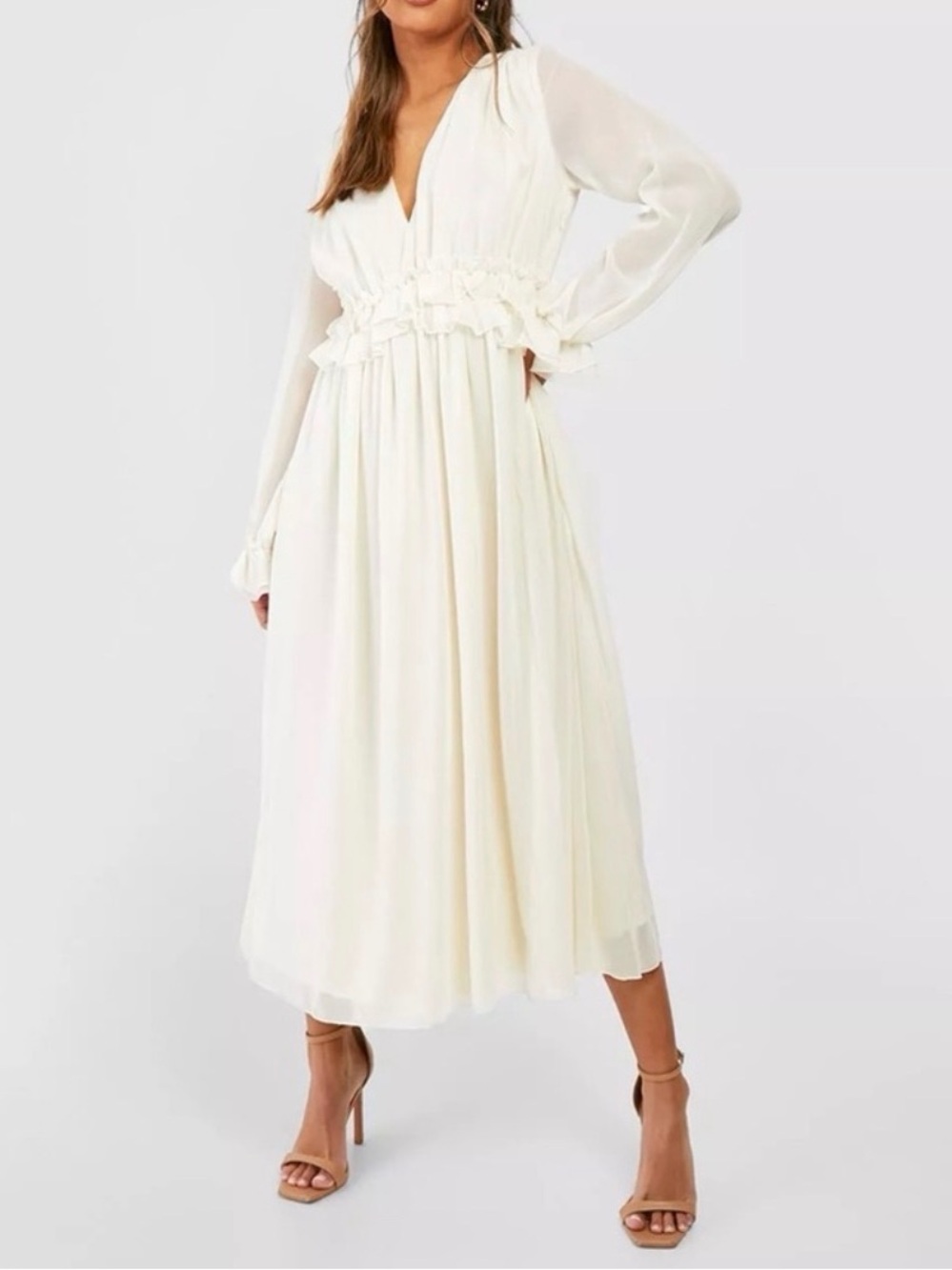 Boohoo Cream V-Neck Long Sleeve Midi Dress
